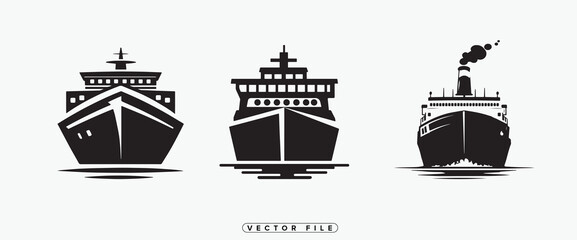 Black Silhouette Illustrations of Various Ships on White Background Vector File