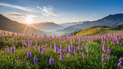 Obraz premium Spring meadow adorned with violet wildflowers