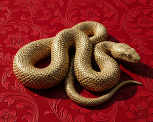 Luxurious golden snake figurine coiled on an ornate red damask patterned background