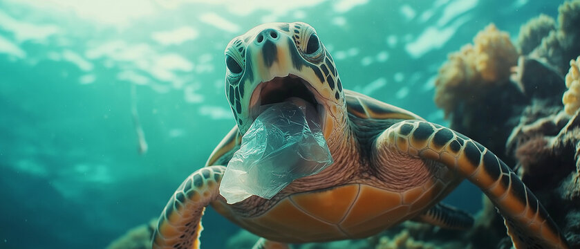 AI generator image of Plastic pollution in ocean turtle eat plastic bag, The problem of plastic pollution in the oceans is illustrated by the fact that turtles eat plastic bags, mistaking them for jel