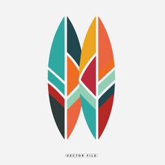 Colorful abstract surfboard illustration with geometric shapes and vibrant colors