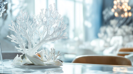 AI generator images of Clear white decorations resembling coral or branches covered in ice are placed on a reflective surface. This is a seafood-themed table setting idea.