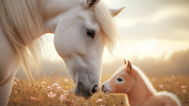 AI generator image of Mother herd horse, pony farm, Mother horse, pony takes care of her newborn, Cute Baby pony Drinking Mothers Milk on flower field