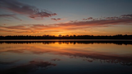 Naklejka premium Golden sunset mirrored on a peaceful lake creating a breathtaking view.