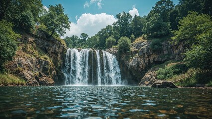 Fototapeta premium Summer scene featuring waterfall, natural landscape, and blue sky