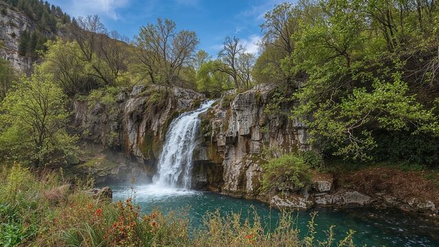 Beautiful mountainous terrain with a pristine turquoise stream and flourishing nature