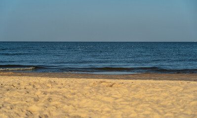 Light sand, sea with seagulls, and blue sky form three horizontal layers like a flag