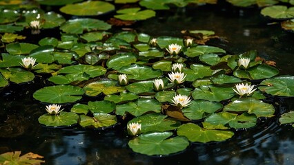 Artistic display of water lilies surrounded by vibrant green leaves in a pond