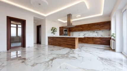 Modern, bright kitchen with wood cabinets, marble floor, LED lighting, and an open doorway