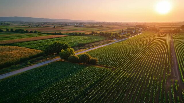Expansive farmland stretches under the warm glow of the setting sun, showcasing a serene agricultural landscape at dusk.