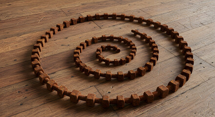 Rusted hardware arranged in an Archimedean spiral pattern on weathered wooden surface showcasing texture and industrial abstraction creating a visually arresting composition highlighting decay and