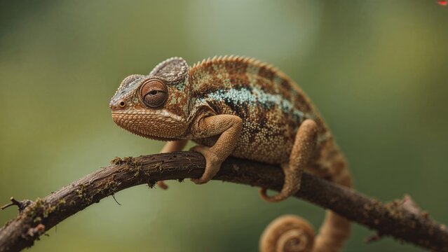 Animal close-up featuring a pied veiled chameleon on a branch - Powered by Adobe