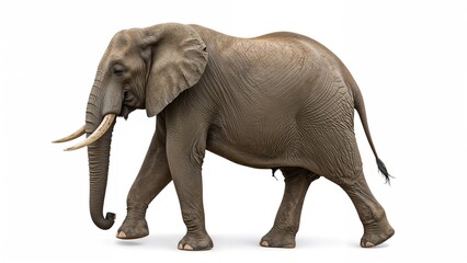 Profile shot of an elephant in motion, set against a white background.