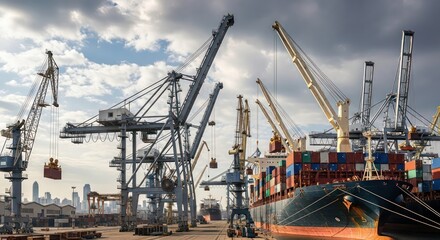 Fototapeta premium Towering Cranes Unload a Container Ship in a Bustling Industrial Seaport