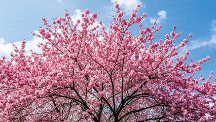 Vibrant pink flowers blooming on trees surrounded by nature and a clear sky in spring