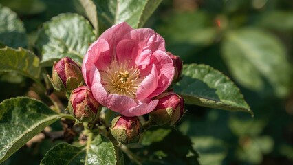 Close-up of apple tree blossoms and pink buds in a garden