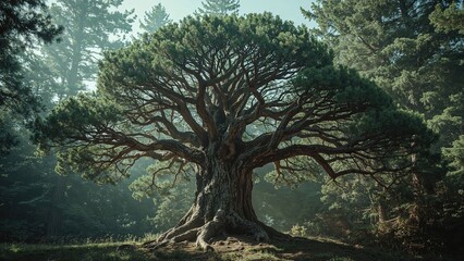 Coniferous tree with canopy shaped like an umbrella in the forest