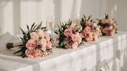 Pink and lavender floral bunches arranged in a row on a white table
