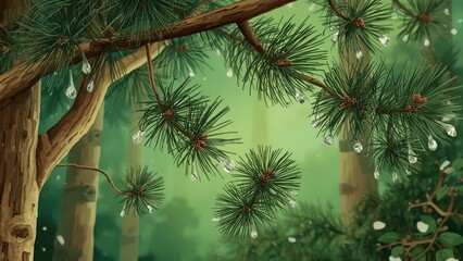 Close-up of pine tree branches with fresh buds and resin drops