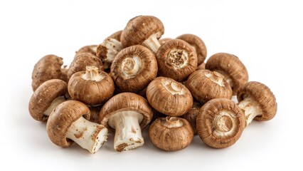 Fototapeta premium Cluster of fresh shiitake mushrooms isolated against a white background. Raw shiitake, wholesome natural Asian fungi