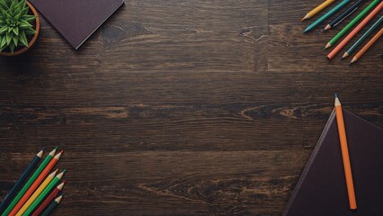 Dark wood desk featuring a pencil container, vibrant pencils, journals, and writing instruments. Theme of learning and returning to classes, stationery, workspace, wood surface, academic setting,