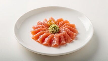 Salmon sushi served with ginger and wasabi on a plate