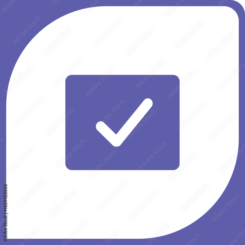 Poster a bold, vector glyph icon featuring a white checkmark within a solid purple rounded rectangle. this 