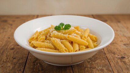 White bowl filled with penne rigate pasta on a wooden table