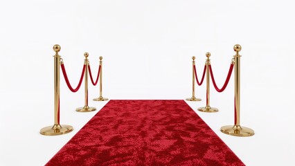 Golden stanchions and red velvet ropes lining a red carpet seen from a side perspective on white background