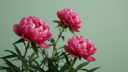 Fototapeta premium Springtime pink peonies set against a green backdrop with room for notes