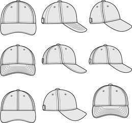 Baseball cap CAD drawing, flat vector illustration, hat technical blueprint design, fashion accessory sketch, sports cap concept art, detailed headwear design diagram