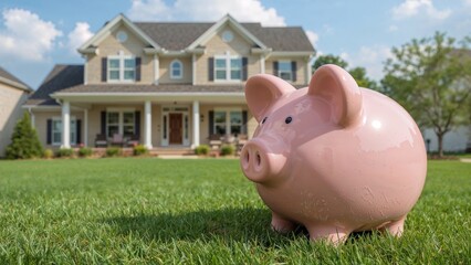 Home purchase finance, saving plans, and loan market overview. Mortgage arrangements and tax savings in housing. Piggy bank shown outside a residence background. Focus centered on piggy bank.