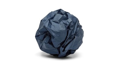 Crumpled dark blue paper sphere on a plain white surface, showcasing texture and recycling themes