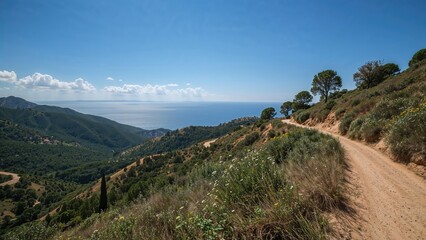 Hiking route through a scenic mountain landscape on an island