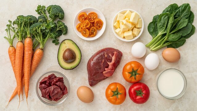 Assorted vitamin A rich items including carrots, broccoli, butter, avocado, dried apricots, eggs, paprika, liver, spinach, apples, tomatoes, and milk laid out on a light surface. Bird's eye view. - Powered by Adobe