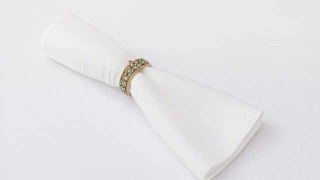Elegant napkin wrapped with a decorative ring for table decor on a plain white surface - Powered by Adobe