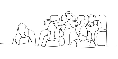 Group of people watching movie in cinema hall, drawn in minimal continuous line art