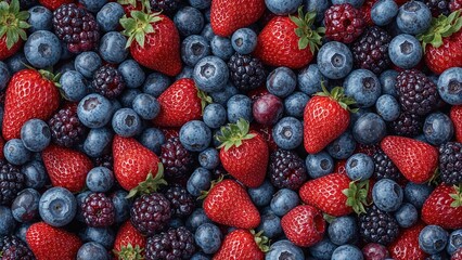 Handcrafted berries forming a seamless pattern on a colorful background with freshly picked fruits. Wallpaper featuring vibrant, tasty natural plants in a flat, textured vector style.