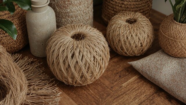 Organic jute twine sphere resting on wooden surface