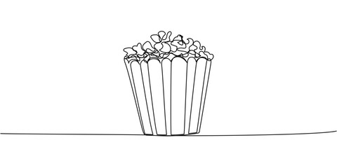 Continuous line art of popcorn in striped container, simple minimalist illustration representing movie snacks and cinematic enjoyment