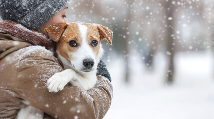 Person holding their dog, both bundled in winter coats, standing in a snowy park with frosty trees, highlighting pet winter safety