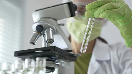 Female scientist in green protective mask and gloves holding test tube with plant sample,...