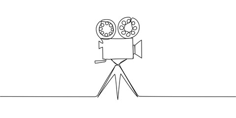 Minimalist line drawing of vintage tripod camera, black continuous outline symbolizing old-fashioned film gear and classic cinema equipment