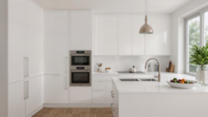 Fototapeta premium Blurred photo of a sleek kitchen interior with white storage units and natural light, emphasizing a minimalist approach. Defocused background.