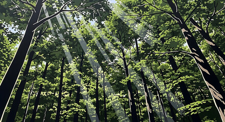 Fototapeta premium Sunlight filtering through a dense forest canopy.