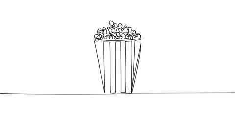 Minimalist line art of popcorn box, abstract cinema snack icon in black outline style for entertainment visuals