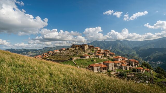 Scenic hillside village featuring traditional stone homes topped with red tiles in a mountainous area.