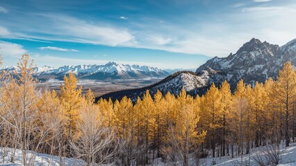 Icy peaks of a northern mountain range with snowy slopes and a golden larch forest in front