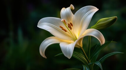 Lily Elegance: The delicate white lily, illuminated by soft light, stands out from a blurred, rich green backdrop. Witness the subtle beauty and intricacy of nature's finest craftsmanship.