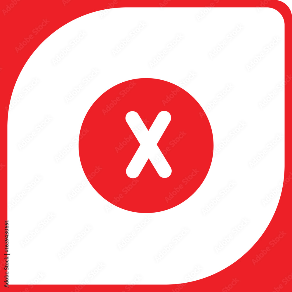 Poster a bold, vector glyph icon featuring a white 'x' symbol within a solid red circle. this modern and cl